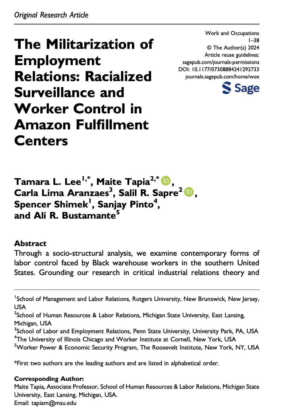 Image of cover of Tami Lee Research: The Militarization of Employment Relations: Racialized Surveillance and Worker Control in Amazon Fulfillment Centers