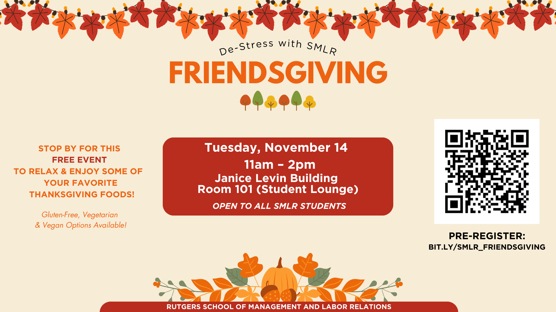Graphic for De-Stress with SMLR Friendsgiving Event (fall leaves, fall colors)