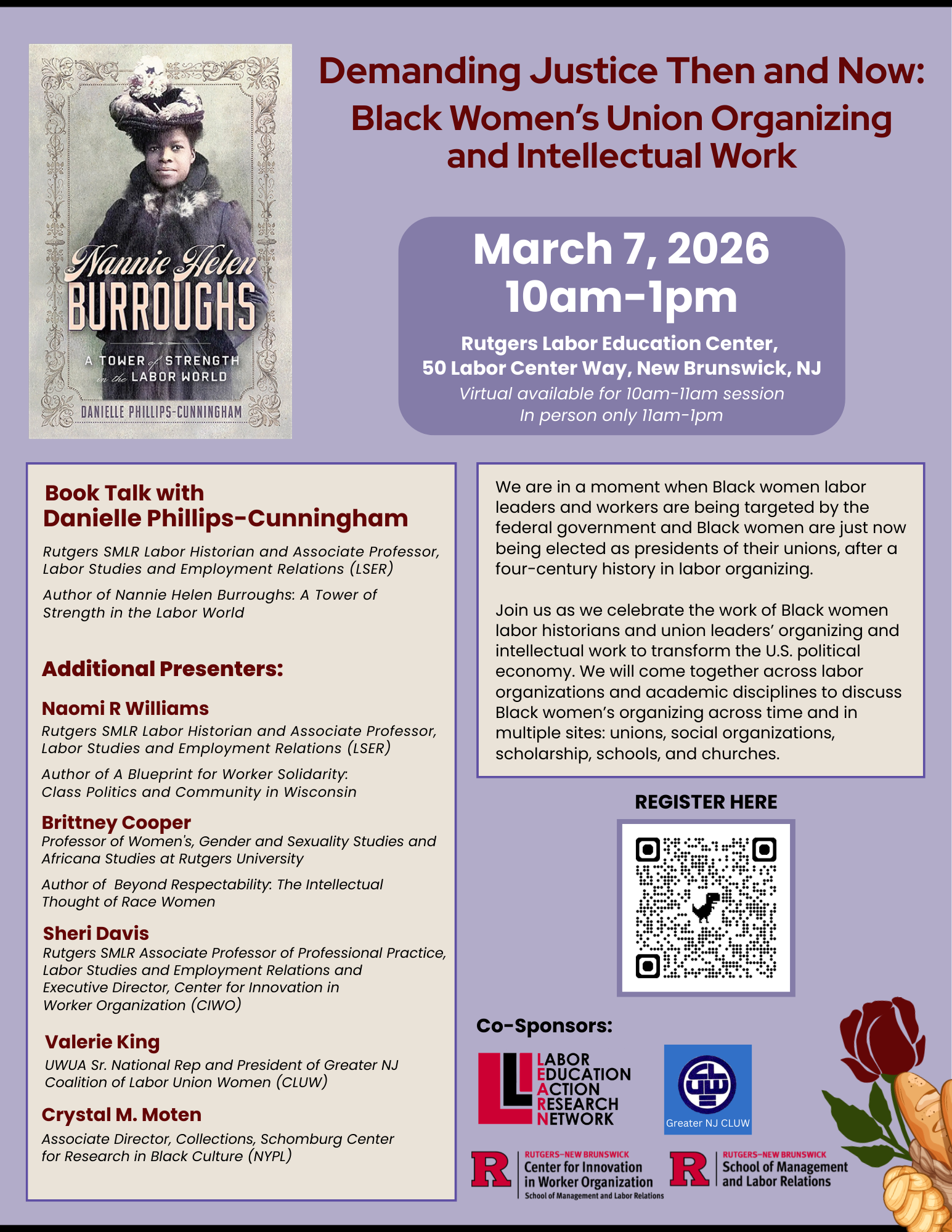 Purple flyer for LEARN's Demanding Justice Then and Now:Black Women’s Union Organizing and Intellectual Work event