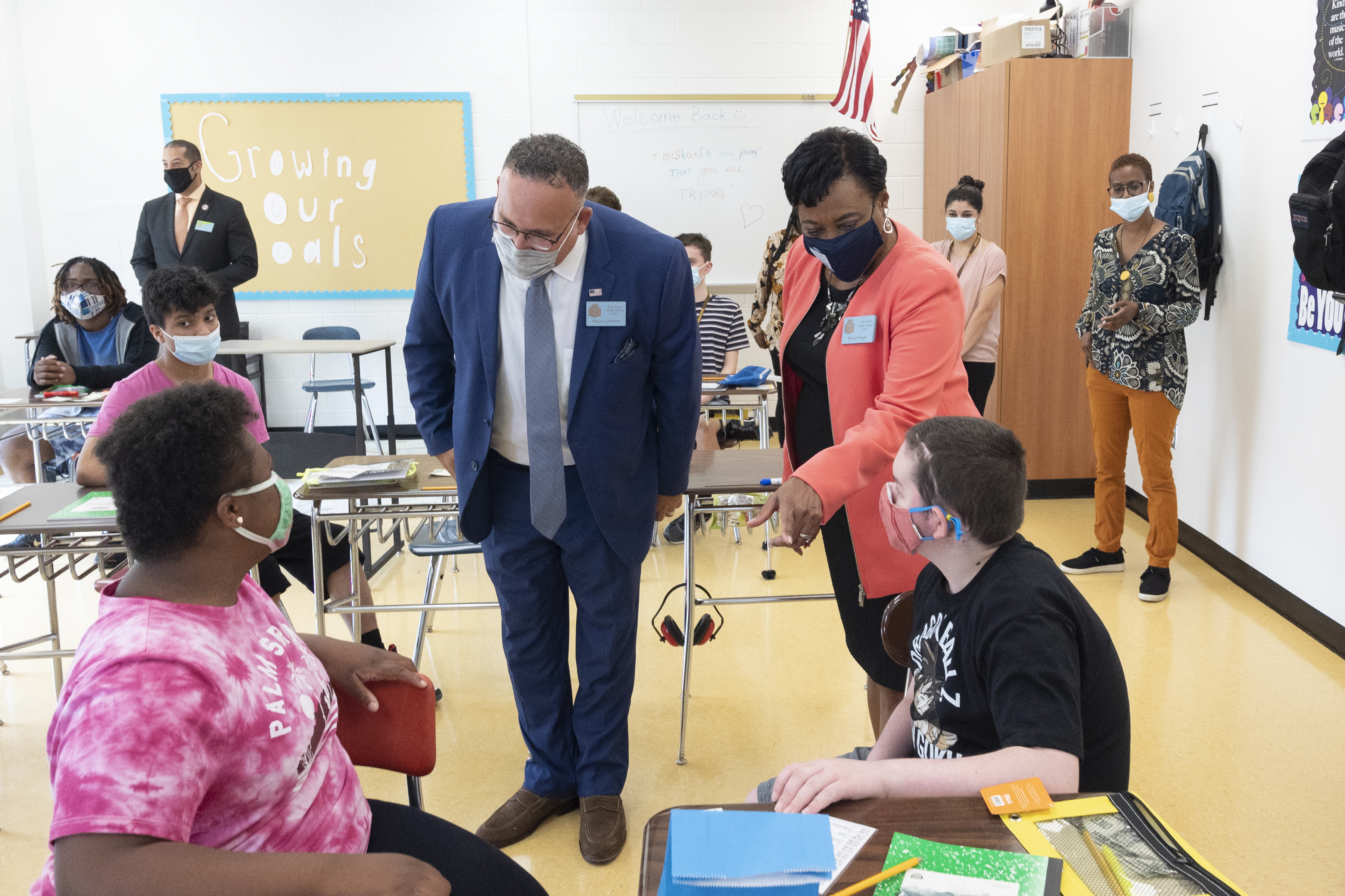 U.S. Education Secretary Miguel Cardona and National Education Association President Becky Pringle meet with students and teachers at Delran High School