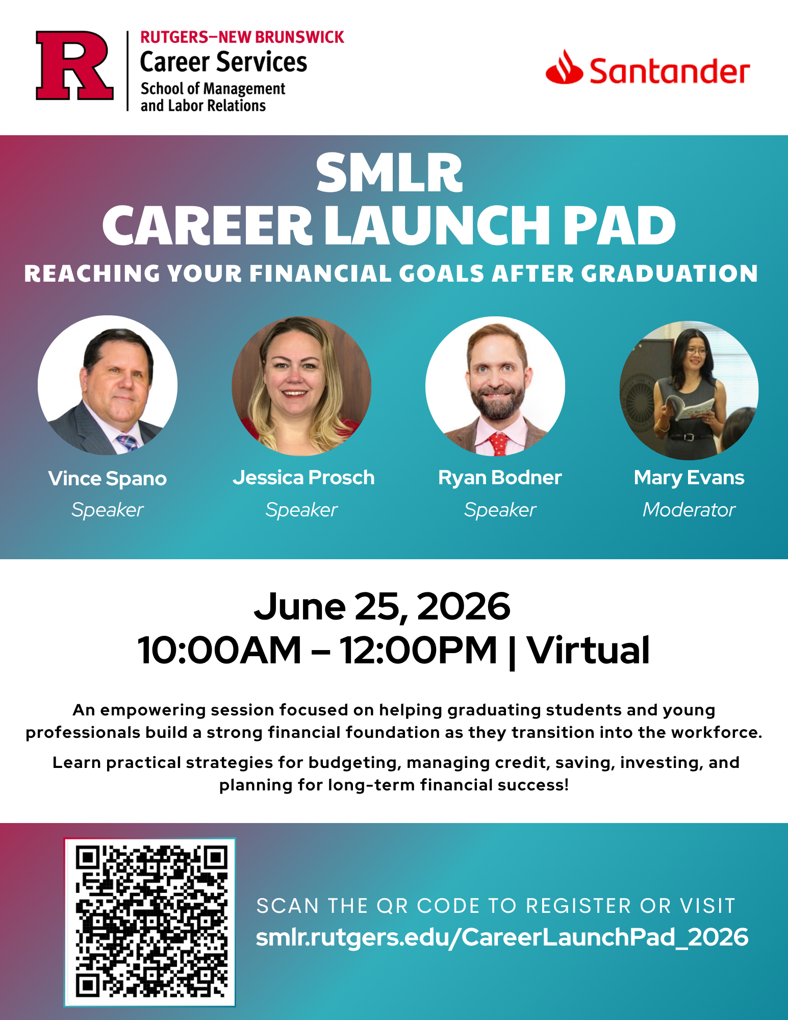 Image of SMLR Career Launch Pad event with photos of speakers, logos for SMLR career services and Santander, and text