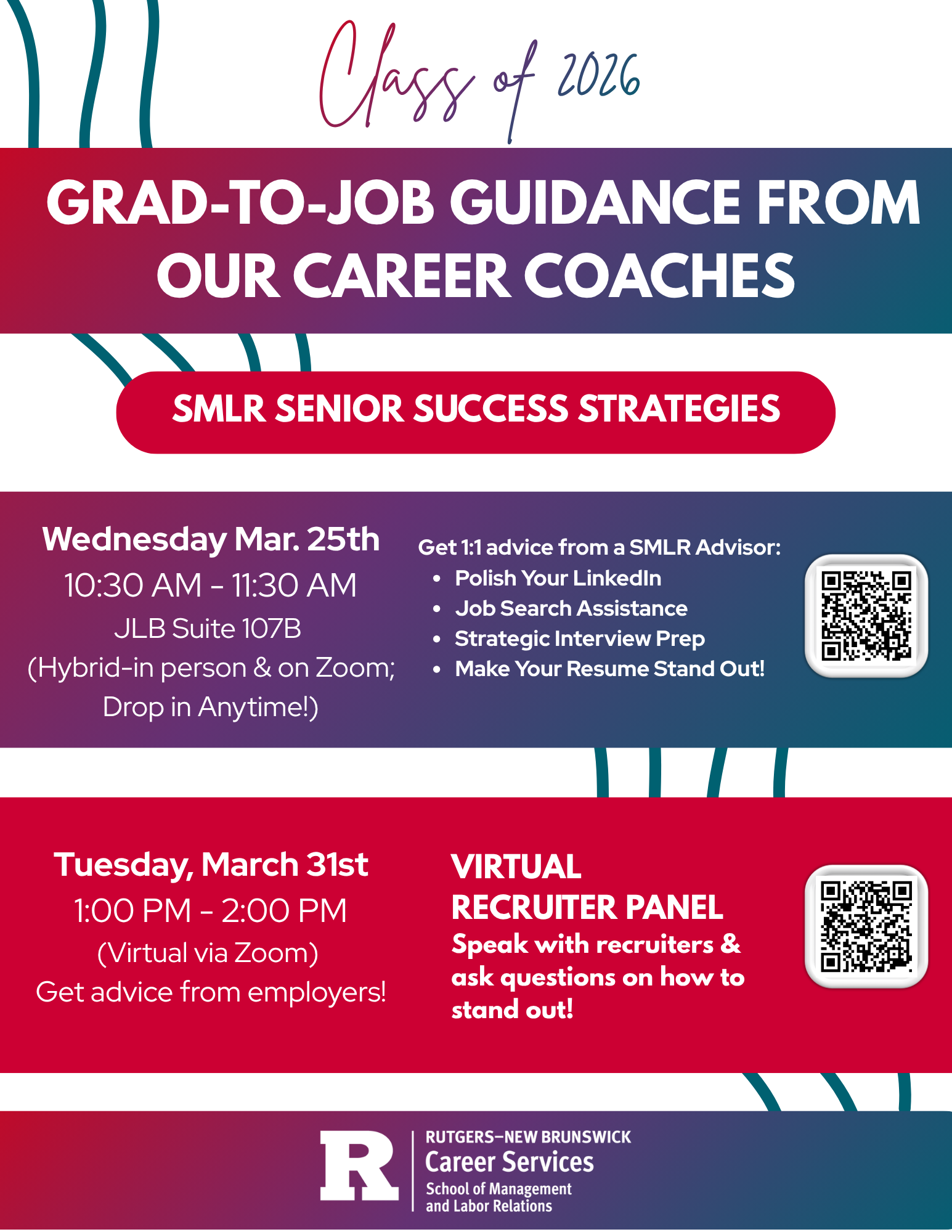 Colorful graphic with text of Career Services Senior Success Event